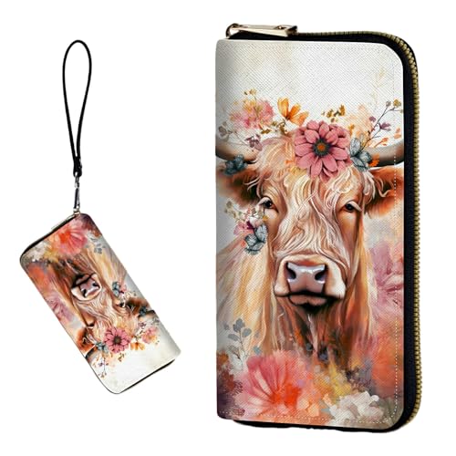 DIGTIALL RFID-blockierende Geldbörse für Damen, PU-Leder, schmal, faltbar, mit großem Fassungsvermögen, 16 Kartenfächer und Münzfach mit Reißverschluss, Reise-Geldbörse, Highlands Cows And Floral von DIGTIALL