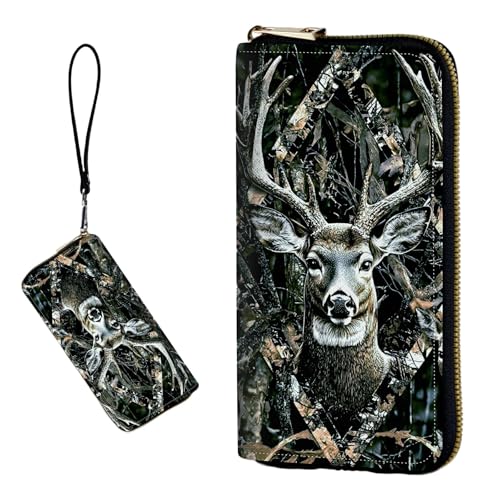 DIGTIALL RFID-blockierende Geldbörse für Damen, PU-Leder, schmal, faltbar, mit großem Fassungsvermögen, 16 Kartenfächer und Münzfach mit Reißverschluss, Reise-Geldbörse, Hirschkopf von DIGTIALL