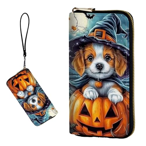 DIGTIALL RFID-blockierende Geldbörse für Damen, PU-Leder, schmal, faltbar, mit großem Fassungsvermögen, 16 Kartenfächer und Münzfach mit Reißverschluss, Reise-Geldbörse, Hund mit Hexenhut, Kürbis von DIGTIALL