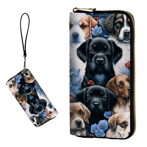 DIGTIALL RFID-blockierende Geldbörse für Damen, PU-Leder, schmal, faltbar, mit großem Fassungsvermögen, 16 Kartenfächer und Münzfach mit Reißverschluss, Reise-Geldbörse, Hunde, blaue Blumen von DIGTIALL