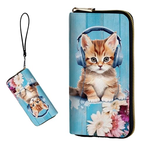 DIGTIALL RFID-blockierende Geldbörse für Damen, PU-Leder, schmal, faltbar, mit großem Fassungsvermögen, 16 Kartenfächer und Münzfach mit Reißverschluss, Reise-Geldbörse, Katze mit Kopfhörern Blume von DIGTIALL
