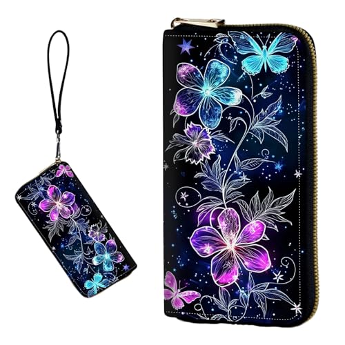 DIGTIALL RFID-blockierende Geldbörse für Damen, PU-Leder, schmal, faltbar, mit großem Fassungsvermögen, 16 Kartenfächer und Münzfach mit Reißverschluss, Reise-Geldbörse, Leuchtende Blume und von DIGTIALL