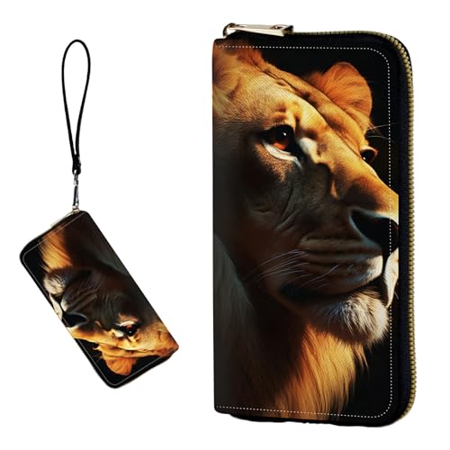 DIGTIALL RFID-blockierende Geldbörse für Damen, PU-Leder, schmal, faltbar, mit großem Fassungsvermögen, 16 Kartenfächer und Münzfach mit Reißverschluss, Reise-Geldbörse, Löwengesicht von DIGTIALL