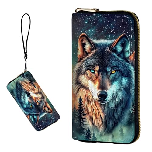 DIGTIALL RFID-blockierende Geldbörse für Damen, PU-Leder, schmal, faltbar, mit großem Fassungsvermögen, 16 Kartenfächer und Münzfach mit Reißverschluss, Reise-Geldbörse, Majestic Wolf von DIGTIALL