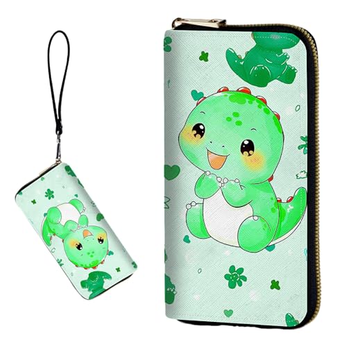 DIGTIALL RFID-blockierende Geldbörse für Damen, PU-Leder, schmal, faltbar, mit großem Fassungsvermögen, 16 Kartenfächer und Münzfach mit Reißverschluss, Reise-Geldbörse, Niedlicher grüner Dinosaurier von DIGTIALL