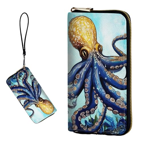 DIGTIALL RFID-blockierende Geldbörse für Damen, PU-Leder, schmal, faltbar, mit großem Fassungsvermögen, 16 Kartenfächer und Münzfach mit Reißverschluss, Reise-Geldbörse, Oktopus von DIGTIALL
