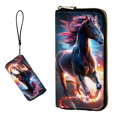 DIGTIALL RFID-blockierende Geldbörse für Damen, PU-Leder, schmal, faltbar, mit großem Fassungsvermögen, 16 Kartenfächer und Münzfach mit Reißverschluss, Reise-Geldbörse, Pferd mit Leuchtend von DIGTIALL