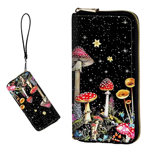 DIGTIALL RFID-blockierende Geldbörse für Damen, PU-Leder, schmal, faltbar, mit großem Fassungsvermögen, 16 Kartenfächer und Münzfach mit Reißverschluss, Reise-Geldbörse, Pilze, Blumen und Farne von DIGTIALL