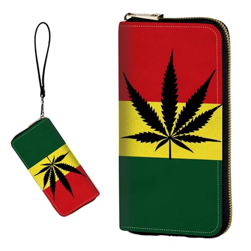 DIGTIALL RFID-blockierende Geldbörse für Damen, PU-Leder, schmal, faltbar, mit großem Fassungsvermögen, 16 Kartenfächer und Münzfach mit Reißverschluss, Reise-Geldbörse, Rastafari-Flagge mit Blatt von DIGTIALL