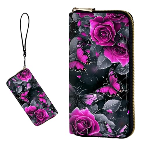 DIGTIALL RFID-blockierende Geldbörse für Damen, PU-Leder, schmal, faltbar, mit großem Fassungsvermögen, 16 Kartenfächer und Münzfach mit Reißverschluss, Reise-Geldbörse, Rosen und Schmetterlinge von DIGTIALL