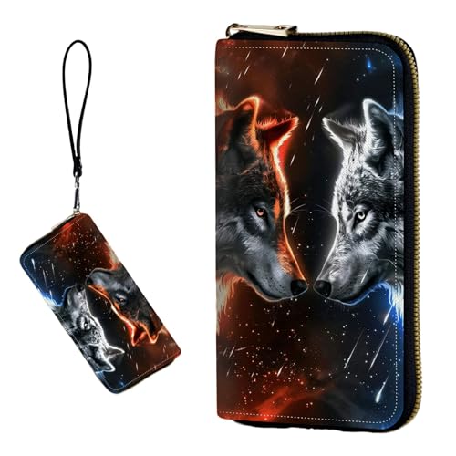 DIGTIALL RFID-blockierende Geldbörse für Damen, PU-Leder, schmal, faltbar, mit großem Fassungsvermögen, 16 Kartenfächer und Münzfach mit Reißverschluss, Reise-Geldbörse, Roter und blauer Wolf von DIGTIALL
