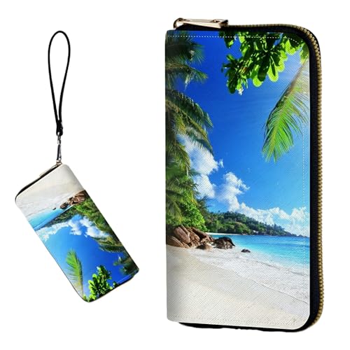 DIGTIALL RFID-blockierende Geldbörse für Damen, PU-Leder, schmal, faltbar, mit großem Fassungsvermögen, 16 Kartenfächer und Münzfach mit Reißverschluss, Reise-Geldbörse, Schöner Strand von DIGTIALL