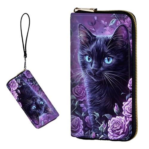 DIGTIALL RFID-blockierende Geldbörse für Damen, PU-Leder, schmal, faltbar, mit großem Fassungsvermögen, 16 Kartenfächer und Münzfach mit Reißverschluss, Reise-Geldbörse, Schwarze Katze Lila Rosen von DIGTIALL
