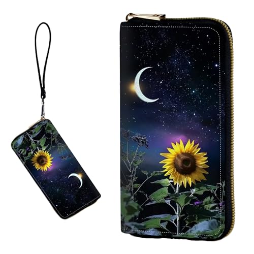 DIGTIALL RFID-blockierende Geldbörse für Damen, PU-Leder, schmal, faltbar, mit großem Fassungsvermögen, 16 Kartenfächer und Münzfach mit Reißverschluss, Reise-Geldbörse, Sonnenblume Sternenhimmel Mond von DIGTIALL