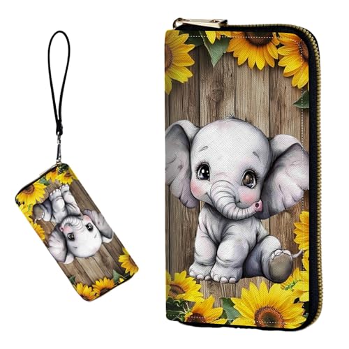 DIGTIALL RFID-blockierende Geldbörse für Damen, PU-Leder, schmal, faltbar, mit großem Fassungsvermögen, 16 Kartenfächer und Münzfach mit Reißverschluss, Reise-Geldbörse, Sonnenblumen-Elefant aus Holz von DIGTIALL