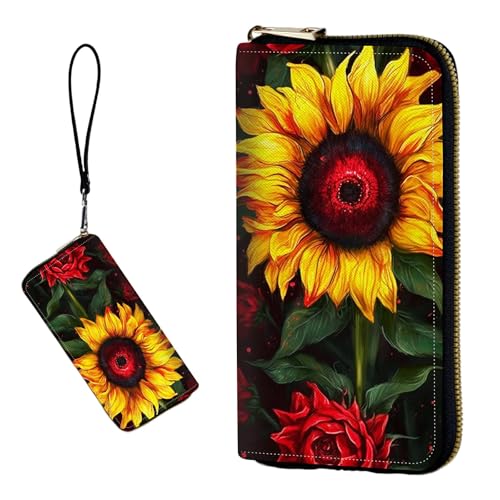 DIGTIALL RFID-blockierende Geldbörse für Damen, PU-Leder, schmal, faltbar, mit großem Fassungsvermögen, 16 Kartenfächer und Münzfach mit Reißverschluss, Reise-Geldbörse, Sonnenblumen von DIGTIALL