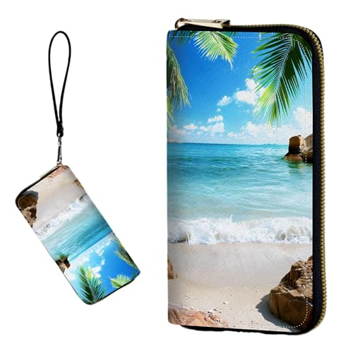 DIGTIALL RFID-blockierende Geldbörse für Damen, PU-Leder, schmal, faltbar, mit großem Fassungsvermögen, 16 Kartenfächer und Münzfach mit Reißverschluss, Reise-Geldbörse, Strand Palmen von DIGTIALL