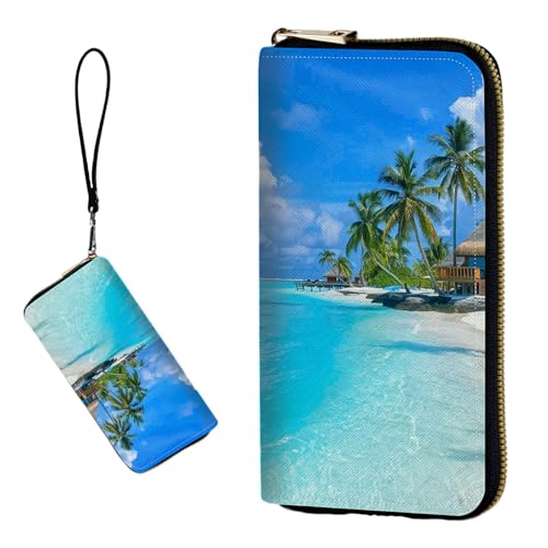 DIGTIALL RFID-blockierende Geldbörse für Damen, PU-Leder, schmal, faltbar, mit großem Fassungsvermögen, 16 Kartenfächer und Münzfach mit Reißverschluss, Reise-Geldbörse, Strand mit Palmen von DIGTIALL