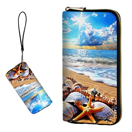 DIGTIALL RFID-blockierende Geldbörse für Damen, PU-Leder, schmal, faltbar, mit großem Fassungsvermögen, 16 Kartenfächer und Münzfach mit Reißverschluss, Reise-Geldbörse, Sunny Golden Beach von DIGTIALL