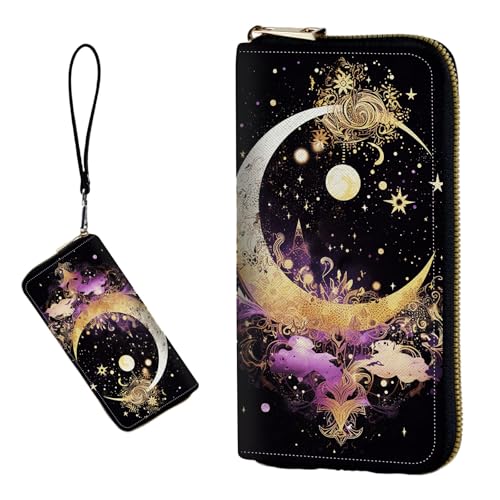 DIGTIALL RFID-blockierende Geldbörse für Damen, PU-Leder, schmal, faltbar, mit großem Fassungsvermögen, 16 Kartenfächer und Münzfach mit Reißverschluss, Reise-Geldbörse, Teer und Mond von DIGTIALL