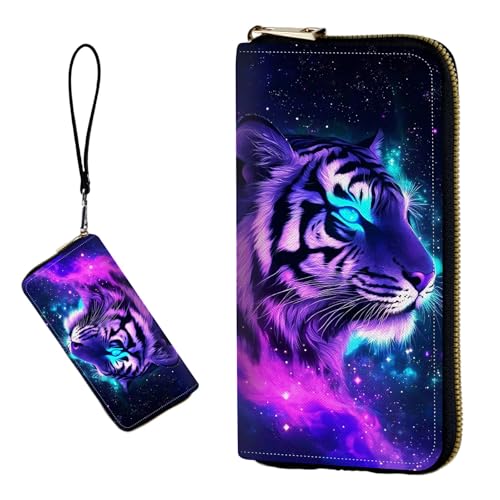 DIGTIALL RFID-blockierende Geldbörse für Damen, PU-Leder, schmal, faltbar, mit großem Fassungsvermögen, 16 Kartenfächer und Münzfach mit Reißverschluss, Reise-Geldbörse, Tiger In Galaxy von DIGTIALL