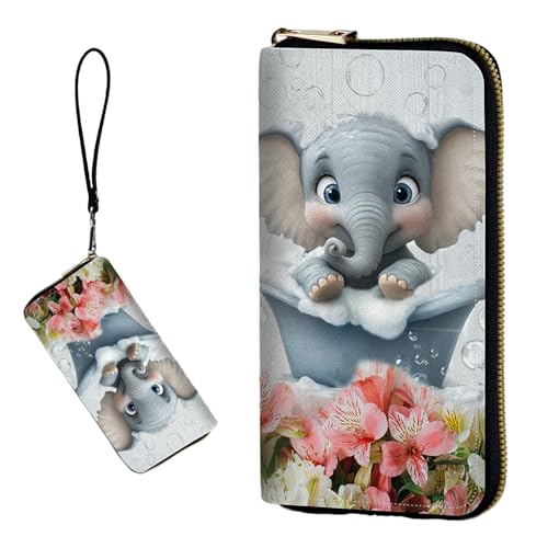 DIGTIALL RFID-blockierende Geldbörse für Damen, PU-Leder, schmal, faltbar, mit großem Fassungsvermögen, 16 Kartenfächer und Münzfach mit Reißverschluss, Reise-Geldbörse, Verspielter Baby-Elefant von DIGTIALL