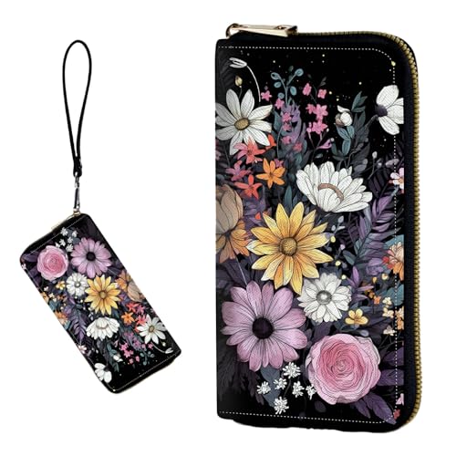 DIGTIALL RFID-blockierende Geldbörse für Damen, PU-Leder, schmal, faltbar, mit großem Fassungsvermögen, 16 Kartenfächer und Münzfach mit Reißverschluss, Reise-Geldbörse, Viele Blumen von DIGTIALL
