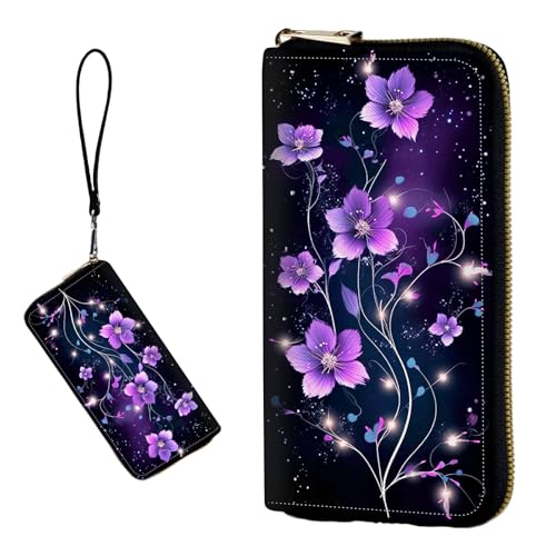 DIGTIALL RFID-blockierende Geldbörse für Damen, PU-Leder, schmal, faltbar, mit großem Fassungsvermögen, 16 Kartenfächer und Münzfach mit Reißverschluss, Reise-Geldbörse, Violette Blume von DIGTIALL