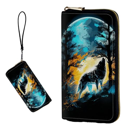 DIGTIALL RFID-blockierende Geldbörse für Damen, PU-Leder, schmal, faltbar, mit großem Fassungsvermögen, 16 Kartenfächer und Münzfach mit Reißverschluss, Reise-Geldbörse, Wolf Heulender Mond von DIGTIALL