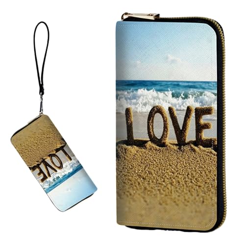 DIGTIALL RFID-blockierende Geldbörse für Damen, PU-Leder, schmal, faltbar, mit großem Fassungsvermögen, 16 Kartenfächer und Münzfach mit Reißverschluss, Reise-Geldbörse, Word Love On The Beach von DIGTIALL