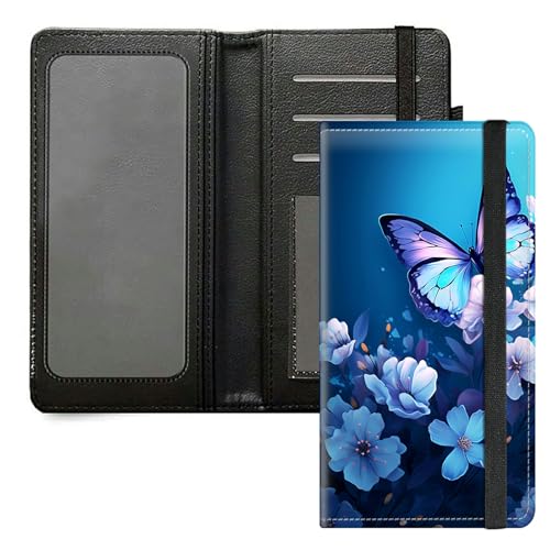 DIGTIALL Scheckbuchhülle für Herren und Damen, PU-Leder, Scheckbuchhalter, Geldbörse mit RFID-Blockierfunktion und elastischem Band, Blaue Schmetterlingsblumen von DIGTIALL