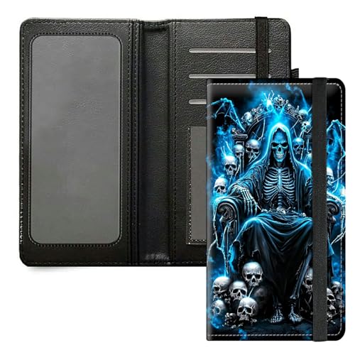 DIGTIALL Scheckbuchhülle für Herren und Damen, PU-Leder, Scheckbuchhalter, Geldbörse mit RFID-Blockierfunktion und elastischem Band, Blauer Totenschädel von DIGTIALL