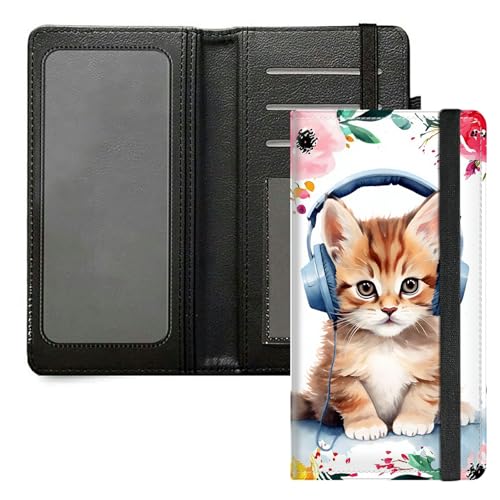 DIGTIALL Scheckbuchhülle für Herren und Damen, PU-Leder, Scheckbuchhalter, Geldbörse mit RFID-Blockierfunktion und elastischem Band, Cat Listen Music von DIGTIALL