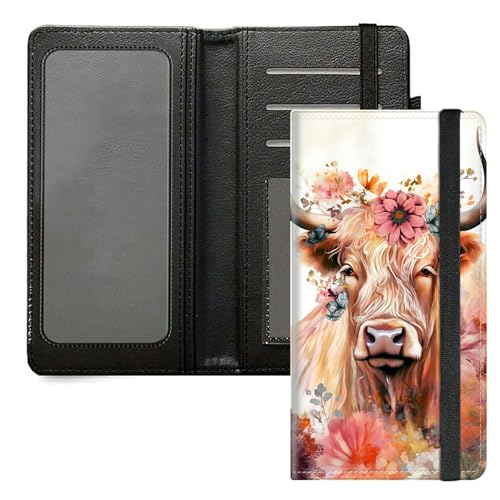 DIGTIALL Scheckbuchhülle für Herren und Damen, PU-Leder, Scheckbuchhalter, Geldbörse mit RFID-Blockierfunktion und elastischem Band, Highlands Cows And Floral von DIGTIALL