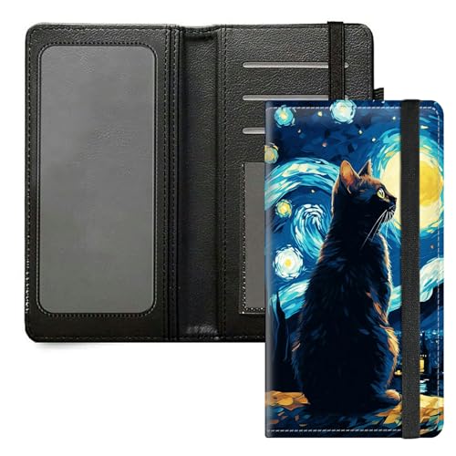 DIGTIALL Scheckbuchhülle für Herren und Damen, PU-Leder, Scheckbuchhalter, Geldbörse mit RFID-Blockierfunktion und elastischem Band, Katze in Sternennacht von DIGTIALL