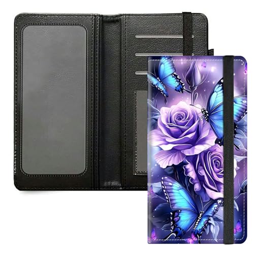 DIGTIALL Scheckbuchhülle für Herren und Damen, PU-Leder, Scheckbuchhalter, Geldbörse mit RFID-Blockierfunktion und elastischem Band, Lila Rosen, blaue Schmetterlinge von DIGTIALL