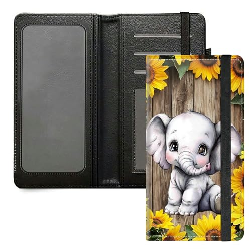 DIGTIALL Scheckbuchhülle für Herren und Damen, PU-Leder, Scheckbuchhalter, Geldbörse mit RFID-Blockierfunktion und elastischem Band, Sonnenblumen-Elefant aus Holz von DIGTIALL