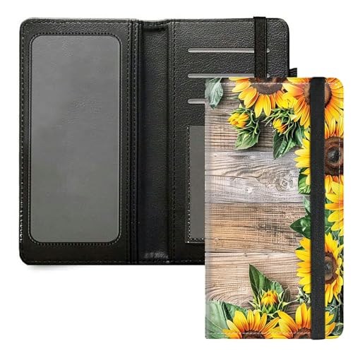 DIGTIALL Scheckbuchhülle für Herren und Damen, PU-Leder, Scheckbuchhalter, Geldbörse mit RFID-Blockierfunktion und elastischem Band, Sonnenblumen auf Holz von DIGTIALL