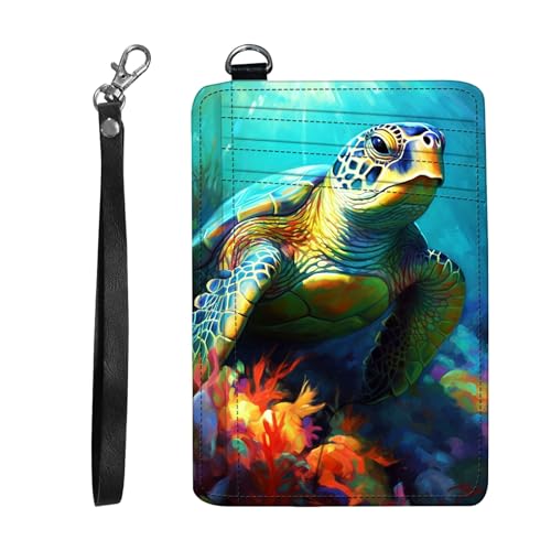 DIGTIALL Schlanker RFID-blockierender Kartenhalter, kleine Tasche, kleine Mini-Kartenetui, Vordertasche, PU-Leder, Kreditkarten-Organizer mit Reißverschluss, für Damen und Herren, Bunte Schildkröte von DIGTIALL