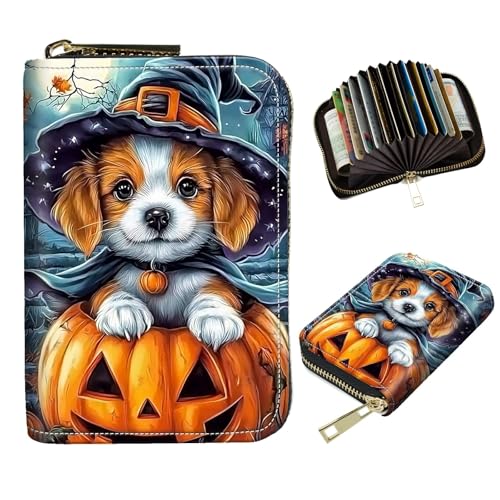 DIGTIALL Schlanker RFID-blockierender Kartenhalter, kleine Tasche, kleine Mini-Kartenetui, Vordertasche, PU-Leder, Kreditkarten-Organizer mit Reißverschluss, für Damen und Herren, Hund mit Hexenhut von DIGTIALL