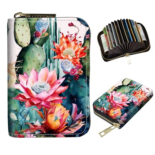 DIGTIALL Schlanker RFID-blockierender Kartenhalter, kleine Tasche, kleine Mini-Kartenetui, Vordertasche, PU-Leder, Kreditkarten-Organizer mit Reißverschluss, für Damen und Herren, Kaktus und Blumen von DIGTIALL