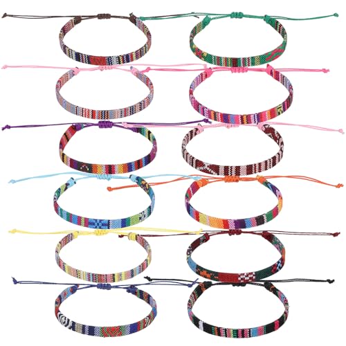 DIKACA 12 Stück Teiliges Boho Fußkettchen aus Baumwoll leinen Verstellbare Geflochtene Sommer Armbänder für Damen und Herren Bunte Strand Freundschaftsarmbänder Langlebig und Farbecht von DIKACA