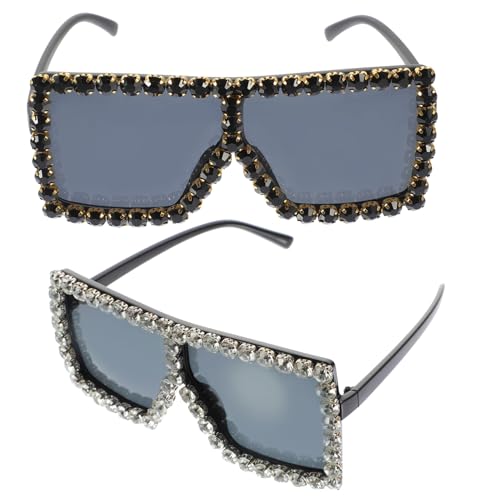 DIKACA 2 Stck. Quadratische Damen Sonnenbrille mit Strassdekor Leichtes Robustes Material Modisches Party Accessoire Schwarzgrau Glänzend Schwarz Stylisch und Langlebig von DIKACA