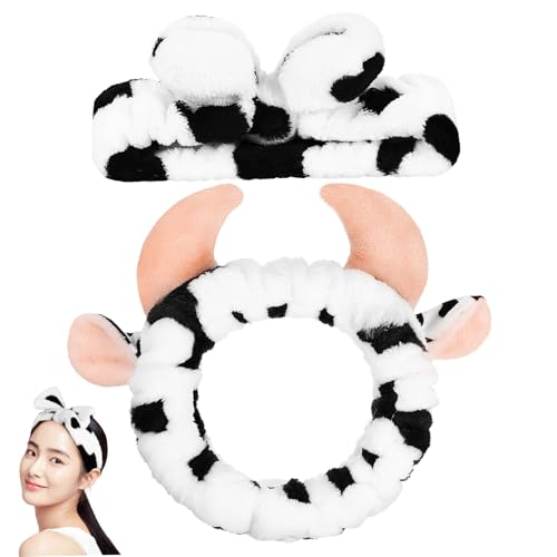 DIKACA 2 Stk. Teiliges Spa Stirnband Damen Kuhmuster Elastisch Weiches Haarband mit Hörnern oder Schleife Komfortables Gesicht Waschen Headband für Hautpflege und Schönheitsroutine von DIKACA