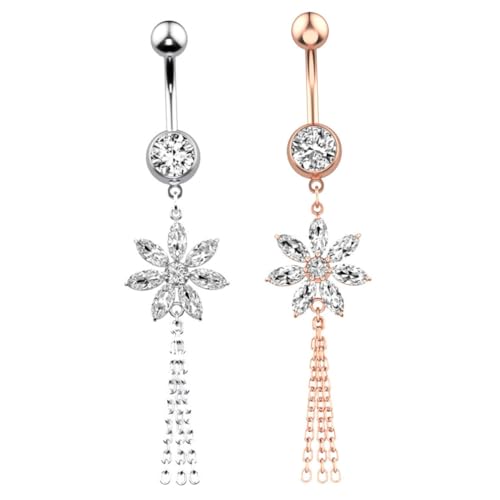 DIKACA 2 Stück Bauchnabelpiercing Buckle Ring aus Edelstahl mit funkelndem Schmuck Damen Silber Roségold Langlebig Hautfreundlich Modisch Schlicht von DIKACA