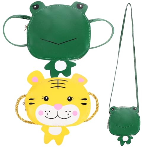 DIKACA 2 Stück Kleine Pu imitat Mädchen Schultertaschen Katzen Frosch Motiv Cartoon Design Reißverschluss Verstellbarer Gurt Praktische Umhängetaschen für Ausgehen und Reisen von DIKACA