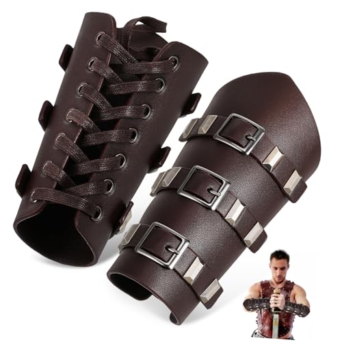 DIKACA 2 Stück Mittelalterliche Armschienen Viking Outfit Armbänder aus PU mit Metallbeschlägen Verstellbare Armschützer für Cosplay Halloween Renaissance Larp Robuste Unterarmschützer von DIKACA