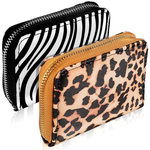 DIKACA 2 Stück PU Kartenetui Leopard und Zebra Muster Kleines Portemonnaie mit Reißverschluss Leichte Münzbörse für Kleingeld Karten und Bargeld Tragbar und Waschbar Outdoor Geeignet von DIKACA