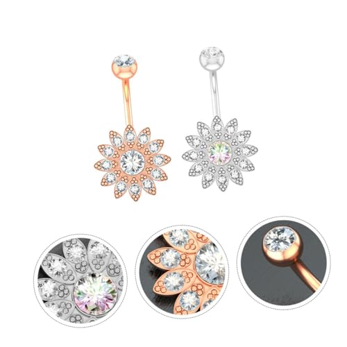 DIKACA 2 Stück Teiliges Bauchnabelpiercing aus Edelstahl mit Sonnenblumen motiv Hautfreundlich Poliert Langlebig Silber und Roségold Modisches Navel Button Schmuckstück für Damen von DIKACA
