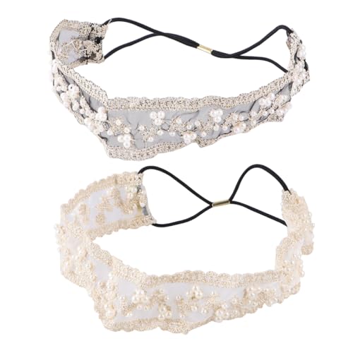 DIKACA 2 Stück Teiliges Süßes Spitzen Haarband mit Perlen Elastisches Damen Haaraccessoire in Schwarz und Beige Eleganter Haarschmuck für Hochzeit Party Fotoshooting und Alltag von DIKACA